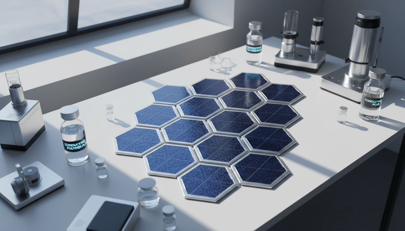 A dynamic array of hexagonal solar cells connected in an intricate mosaic pattern on a pristine, matte white table. The cells’ deep blue and silver surfaces have a micro-textured, anti-glare finish, catching soft, daylight streaming through a skylight above. Around the table are sleek research instruments and digitally labeled vials filled with conductive polymer fluids. Gentle natural shadows and diffused highlights sculpt the shapes, creating a crisp yet inviting scene. Photographed from a high, slightly angled perspective to showcase the geometric precision and interconnected design, the composition exudes clarity and ingenuity. The artistic style is clean, minimalist, and brilliantly modern, underscoring the theme of renewable engineering innovation.
